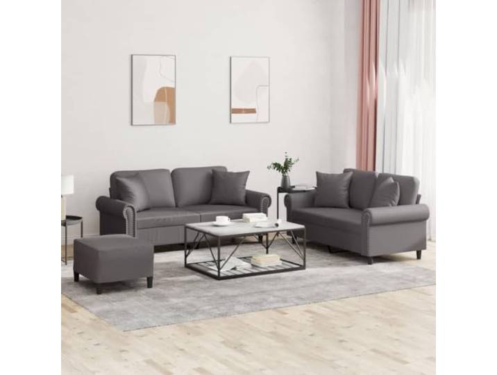 HEFZGDB 3-TLG. Sofagarnitur mit Kissen Grau Kunstleder Langlebig Schmutzabweisend Robustes Gestell Bequem Gepolstert Vielseitiger Hocker Sitzkomfort Luxuriöses Design Einfache