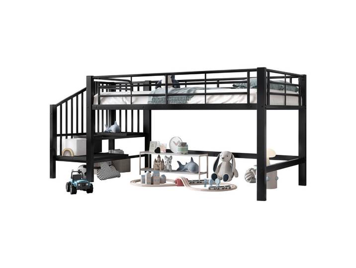 Wishdor Hochbett 90/200 cm in Schwarz mit Stauraumtreppe, Metall, Rechteckig, 90x200 cm, Babymöbel & Kindermöbel, Kinderzimmer & Jugendzimmer, Kinderbetten, Hochbetten