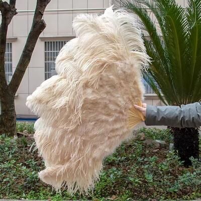 Uplifted Finds Grand Ostrich Feather Folding Fan   Professional Stage & Carnival Dance Fan deep Khaki 100 Cm 1 Pcs