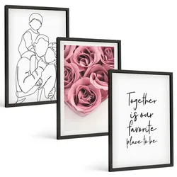 BILDER SET 3er Set - 40x60 cm Schwarzer Rahmen - Rosensträuße als Familienzeichnung