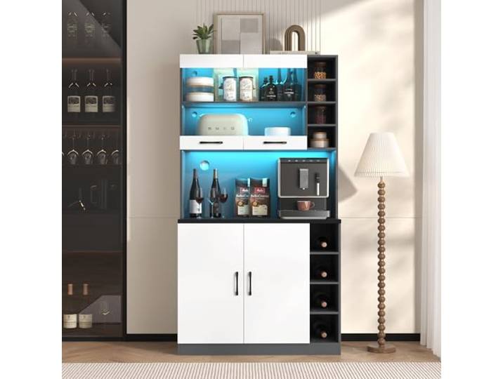 Ball & Cast Küchenschrank, Geschirrschrank mit verstellbaren Einlegeböden, Kabellöchern und Integrierter Beleuchtung, 100x47x187 cm, Weiß