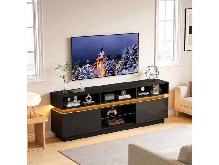 LPOSPI Meuble TV avec LED et 10 Rangements - Portes Brillantes Étagère en Verre Trempé MDF Noir 160 × 35 × 60 cm