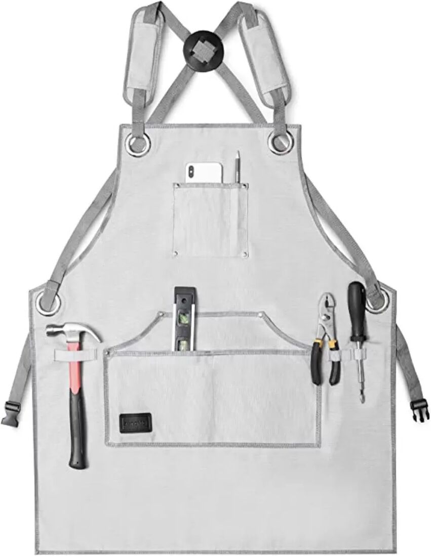 INF Multi-Taschen Segeltuch-Werkstattschürze – Grau, Flecken- und Hitzebeständig, Länge 75cm x Breite 63cm