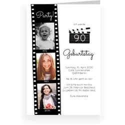 Einladungskarte 90. Geburtstag: Filmstreifen mit Fotos in Weiß