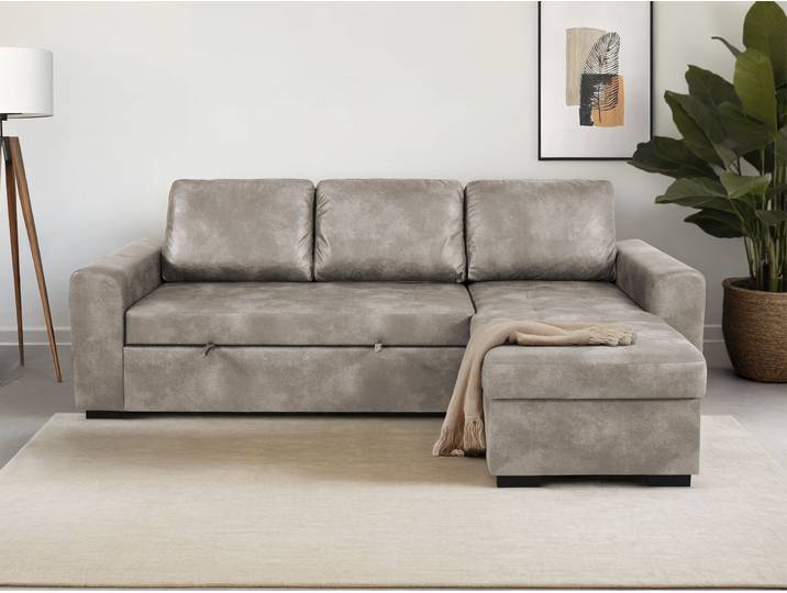 Ecksofa GOODPRODUCT Poll L-Form, B: 245 cm , beige (d423 tobago 16 silber), B:245cm H:85cm T:155cm, 100% Polyester, Sofas, Ecksofa, mit Schlaffunktion & Bettkasten