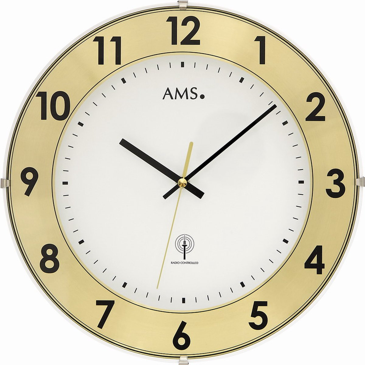 AMS F5947 Wandklok - Analoog - Radiogestuurd - Rond - Wit, Goudkleurig en Zwart