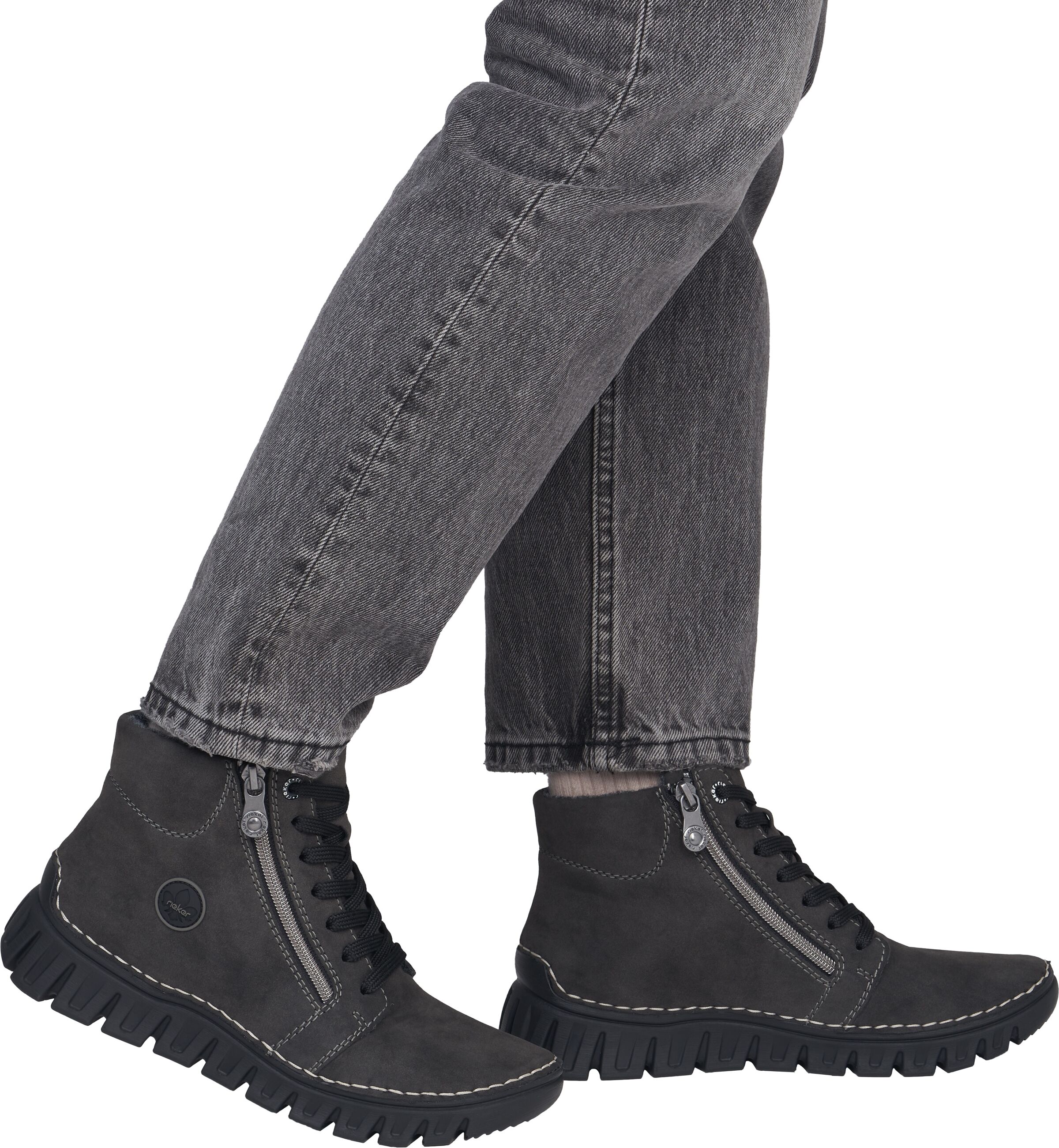 Schnürboots RIEKER, Damen, Gr. 36, wärmend, grau, Lederimitat, Schuhe Schnürboots, Casual-Boots, Stiefelette mit beidseitigen Reißverschlüssen