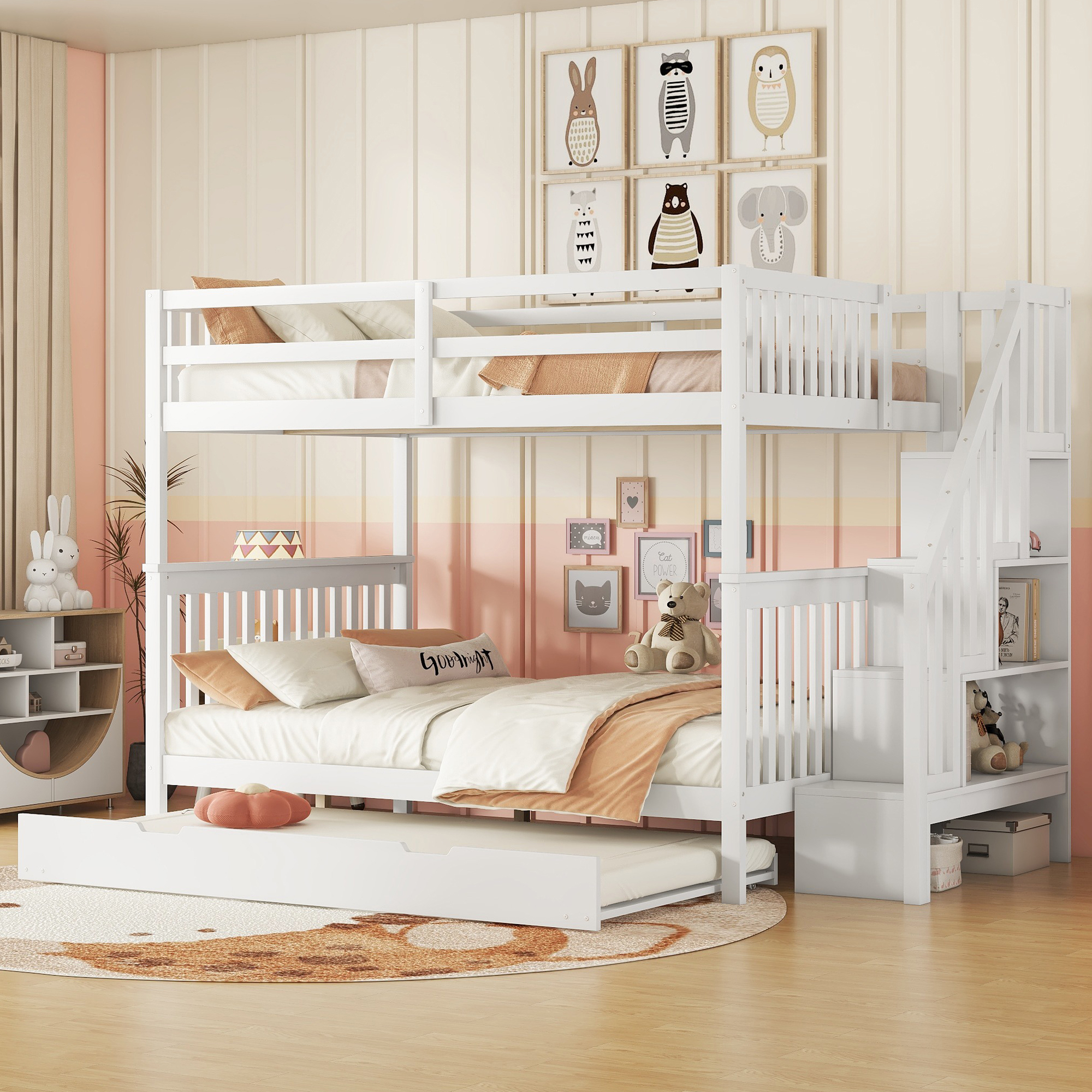 Sweiko 140x200cm Etagenbett, Treppenregal, ausgestattet mit ausziehbares Rollbett, hohe Geländer, EN747-1 , weiß
