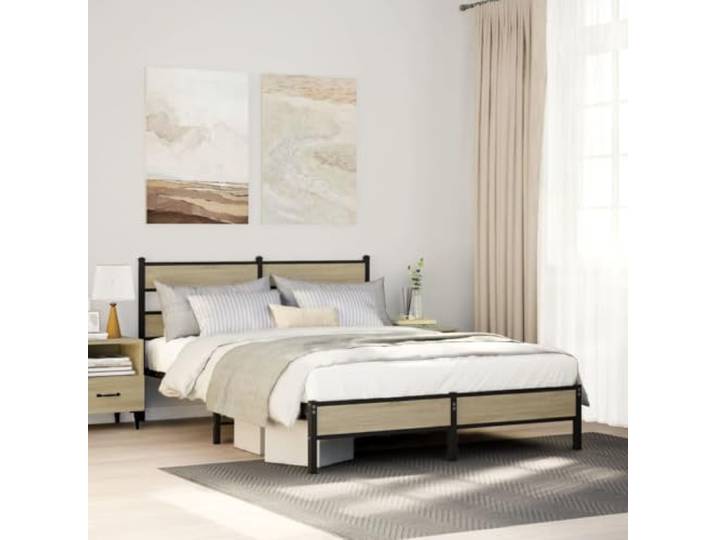 Stahl Metallkonstruktion Schlafzimmer klassisch 150x200 cm Braun Bettgestell ohne Matratze Sonoma-Eiche 150x200 cm Holzwerkstoff Metall Lattenrost Stahl Bett mit Kopfteil Stauraum