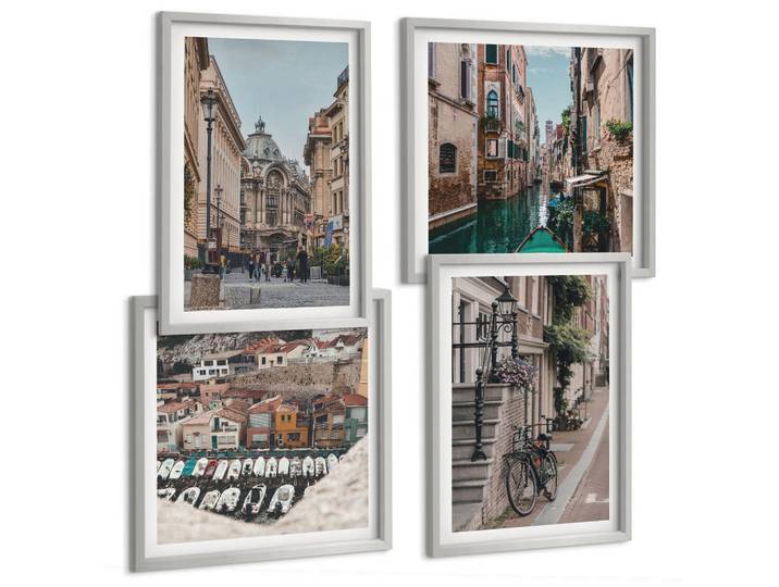 Tulup Bilder SET 4er Set - 50x50 cm & 40x60 cm Silberner Rahmen - Die charmanten Straßen der Hafenstädte, Silberfarben, Kunststoff, Rechteckig, 50x50 cm, einfache und schnelle Anbringung, Bilder & Rahmen, Bilder