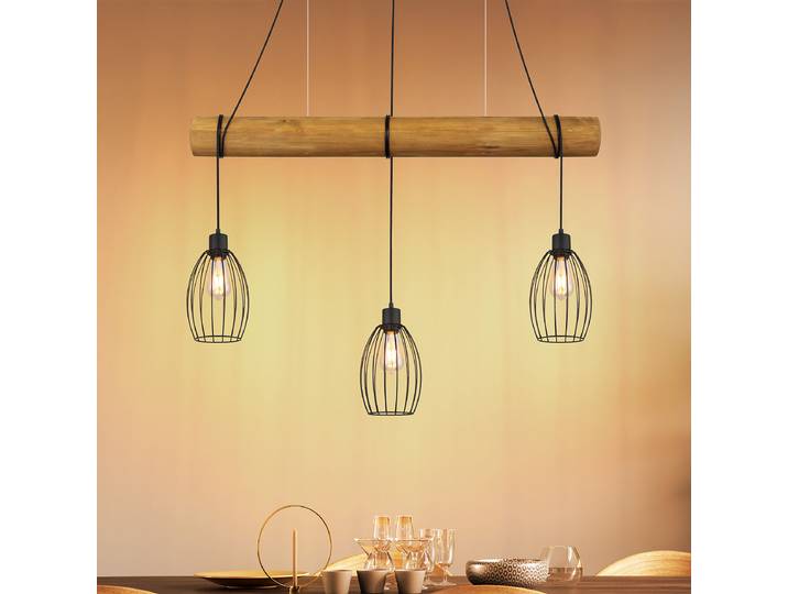Suspension WASKA 115 x 150 x 16cm Marron/Noir Piètement : Bambou brut & Fer laqué Abat-jour : Fer laqué LED E27