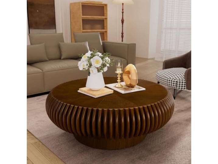 FeiZhiYanS Runder Couchtisch mit geriffelter Trommelform Einzigartiges Design, Moderner minimalistischer Beistelltisch, Furniertes Holz, Für das Wohnzimmer
