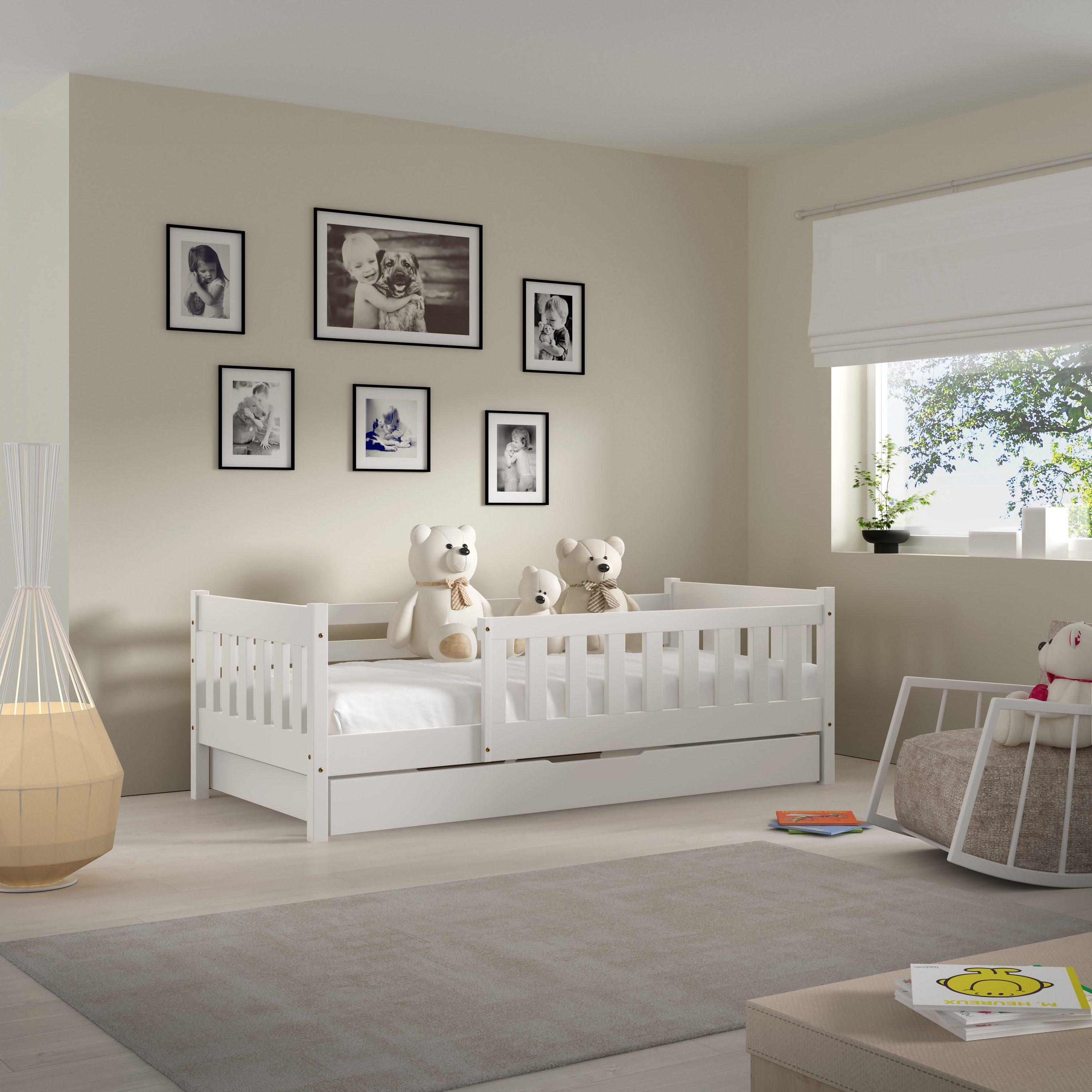 Masseno Kinderbett ELSA 80x190 cm mit Schublade, Rausfallschutz, Einzelbett für Mädchen und Jungs, Holz, Weiß