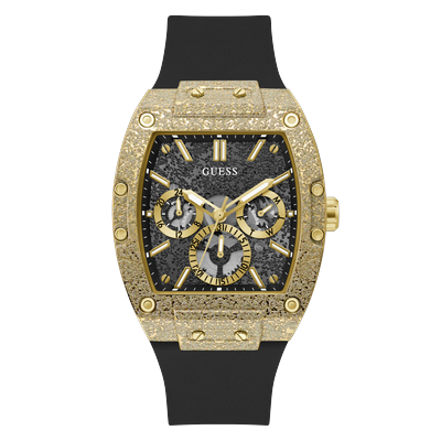 Multifunktionsuhr GUESS "PHOENIX FROST", gold (schwarz, schwarz), Armbanduhren, Herren, goldfarben, Quarzuhr, Armbanduhr, Herrenuhr, Silikonarmband, analog, Tag