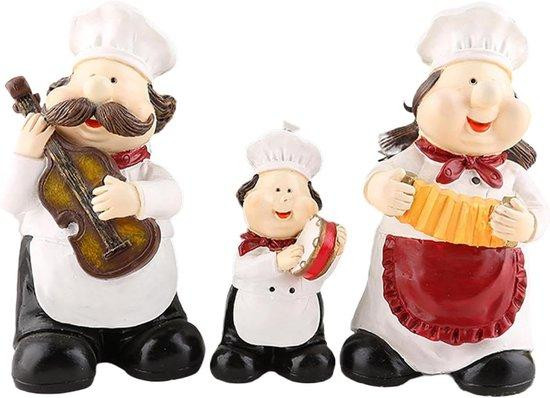 Set van 3 vrolijke Chef Beeldjes voor keuken decoratie, Multicolor