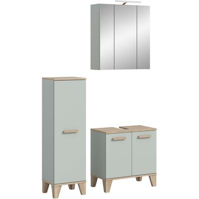 Badmöbel-Set WELLTIME "MINTTU, 3-teilige moderne Badkombi im SCANDI-Look, inkl. Beleuchtung", grün (hellgrün, eiche hell nachbildung), B:109cm H:190cm T:34cm, Kastenmöbel-Sets, Badmöbel-Set, Bad-Kombination, Bad-Möbel, Badezimmer, Kombination,...