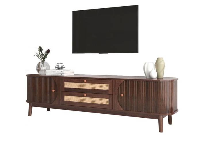 Meuble TV Bois - Meuble TV salon 2 portes 2 tiroirs avec rotin style naturel 170x39.5x46cm noyer - Style Campagnard