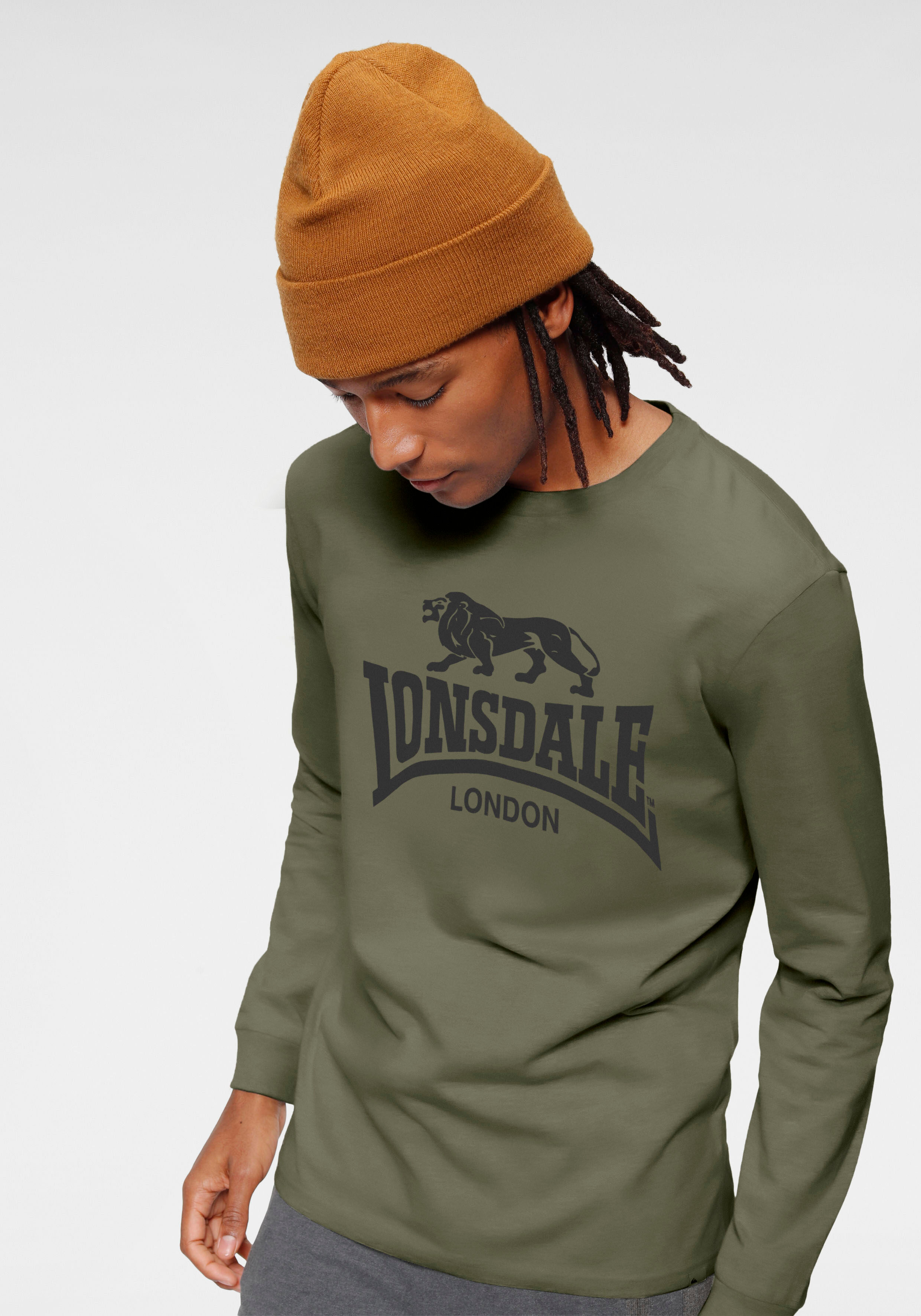 Langarmshirt LONSDALE "AYRSHIRE", Herren, Gr. XL (56/58), bunt (schwarz, khaki), Single Jersey, Obermaterial: 100% Baumwolle, unifarben, Rundhals, Shirts Langarmshirt schwarz, khaki XL (56/58)