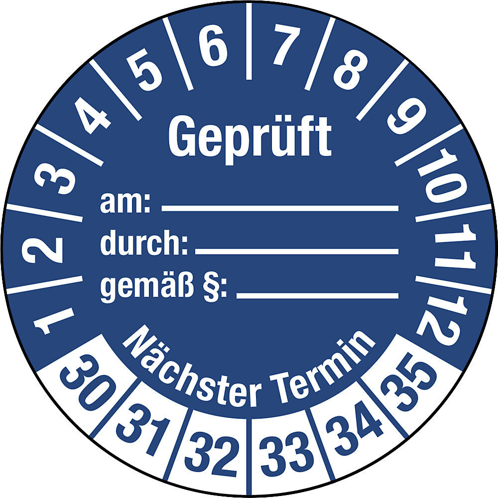 kaiserkraft Geprüft/Nächster Termin, Dokumentenfolie, Ø 30 mm, VE 10 Stk, 30 - 35, blau