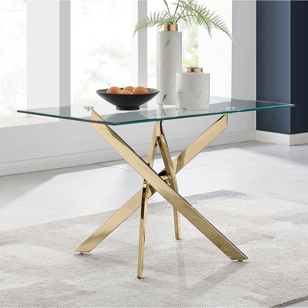 Canora Grey Lenworth Luxury Rectangular Dining Table in Glass and Chrome Metal - Modern Statement Design Gold 75H x 120W x 70D