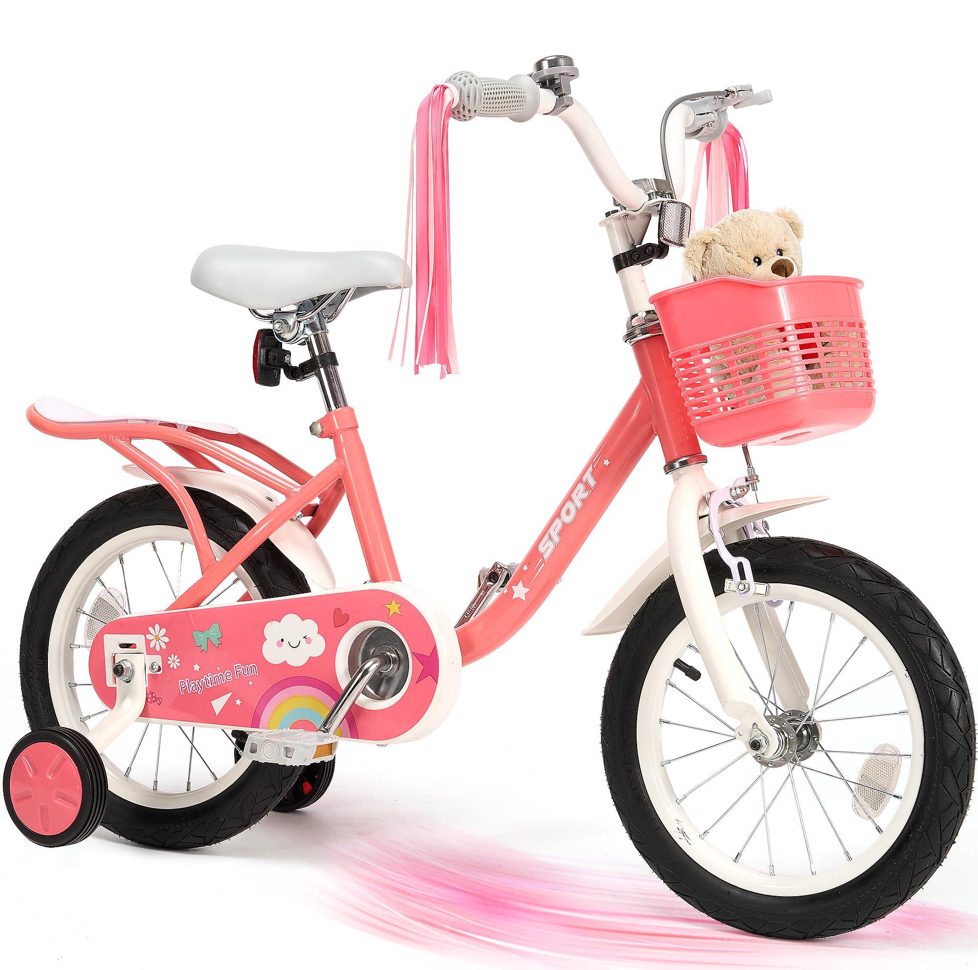 Kinderfahrrad 14 Zoll mit Stützrädern, Korb & Klingel, rosa