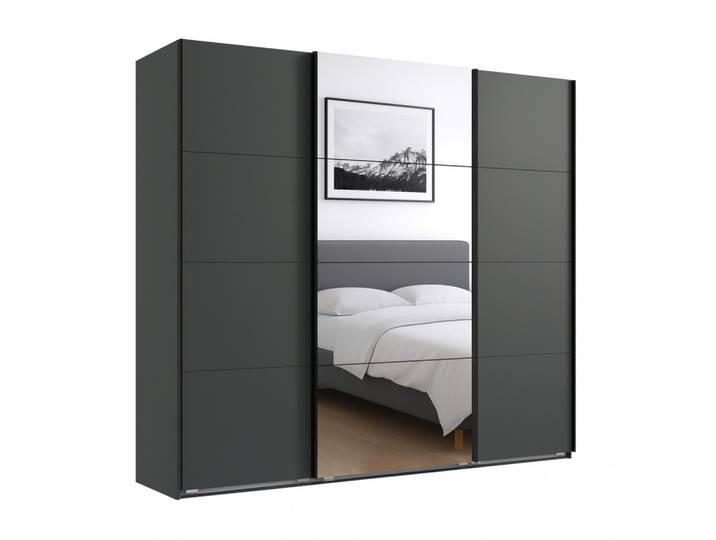 SCHWEBETÜRENSCHRANK 3-türig B225/H208/T64 cm in Grafit, Kleiderschrank mit einer Spiegeltür / 22519