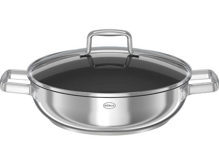 Servierpfanne RÖSLE MOMENTS , schwarz (edelstahlfarben, schwarz), H:17,5cm Ø:28cm, Pfannen, Servierpfanne, Ø 28 cm, mit Antihaftversiegelung, spülmaschinengeeignet, Induktion