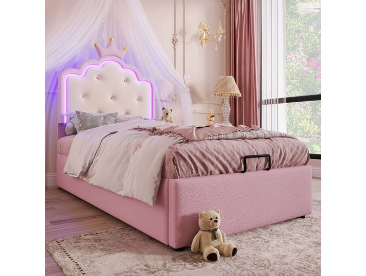Lit coffre 90x200 cm avec Lumière d'ambiance télécommandée Forme de princesse héritière - SWEIKO - PU Rose