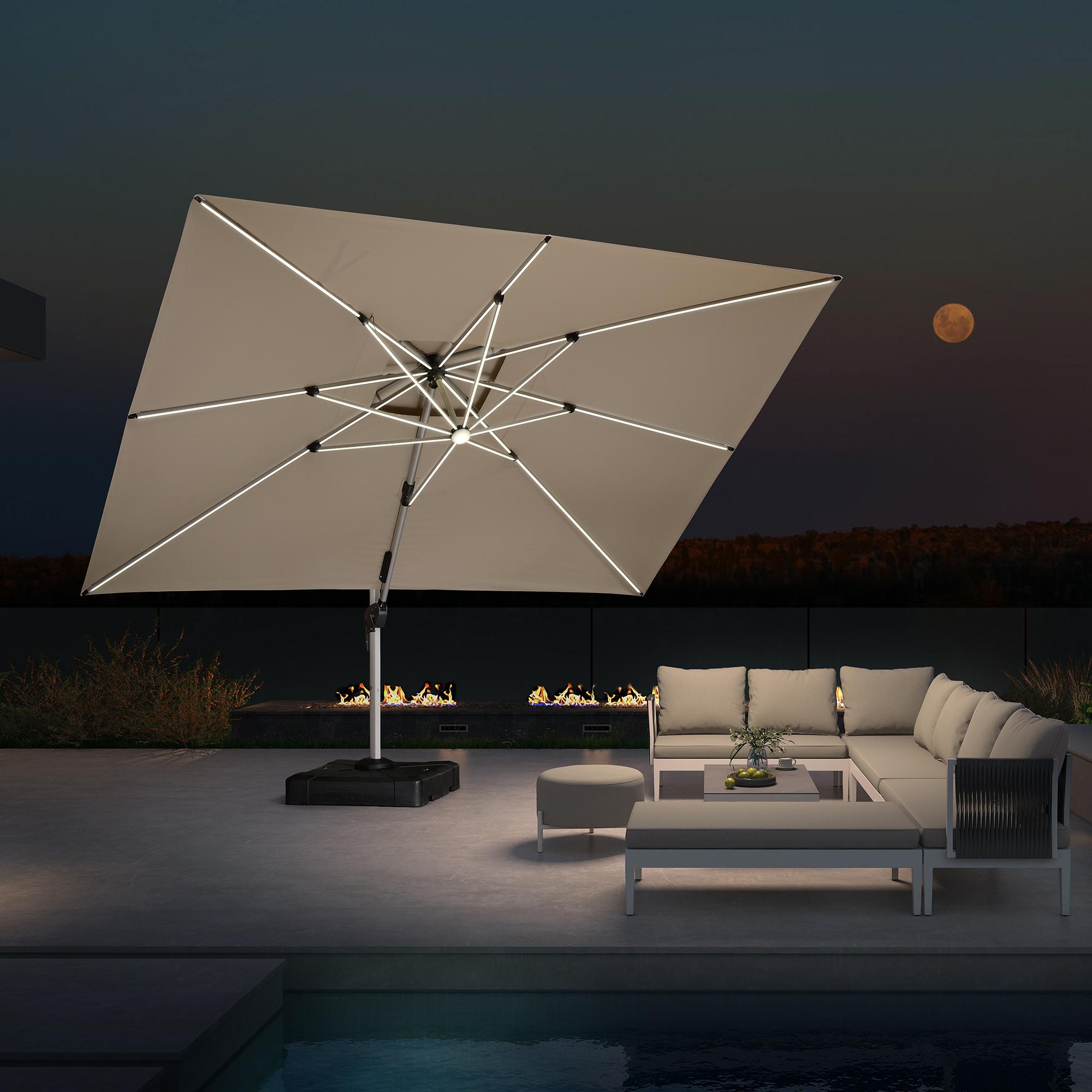 PURPLE LEAF Sonnenschirm mit LED Solar Beleuchtung Ampelschirm 300 x 400 cm Rechteckig Groß 360°Rota Außenbereich Alu, Balkonschirm XXL UV50+, Beige