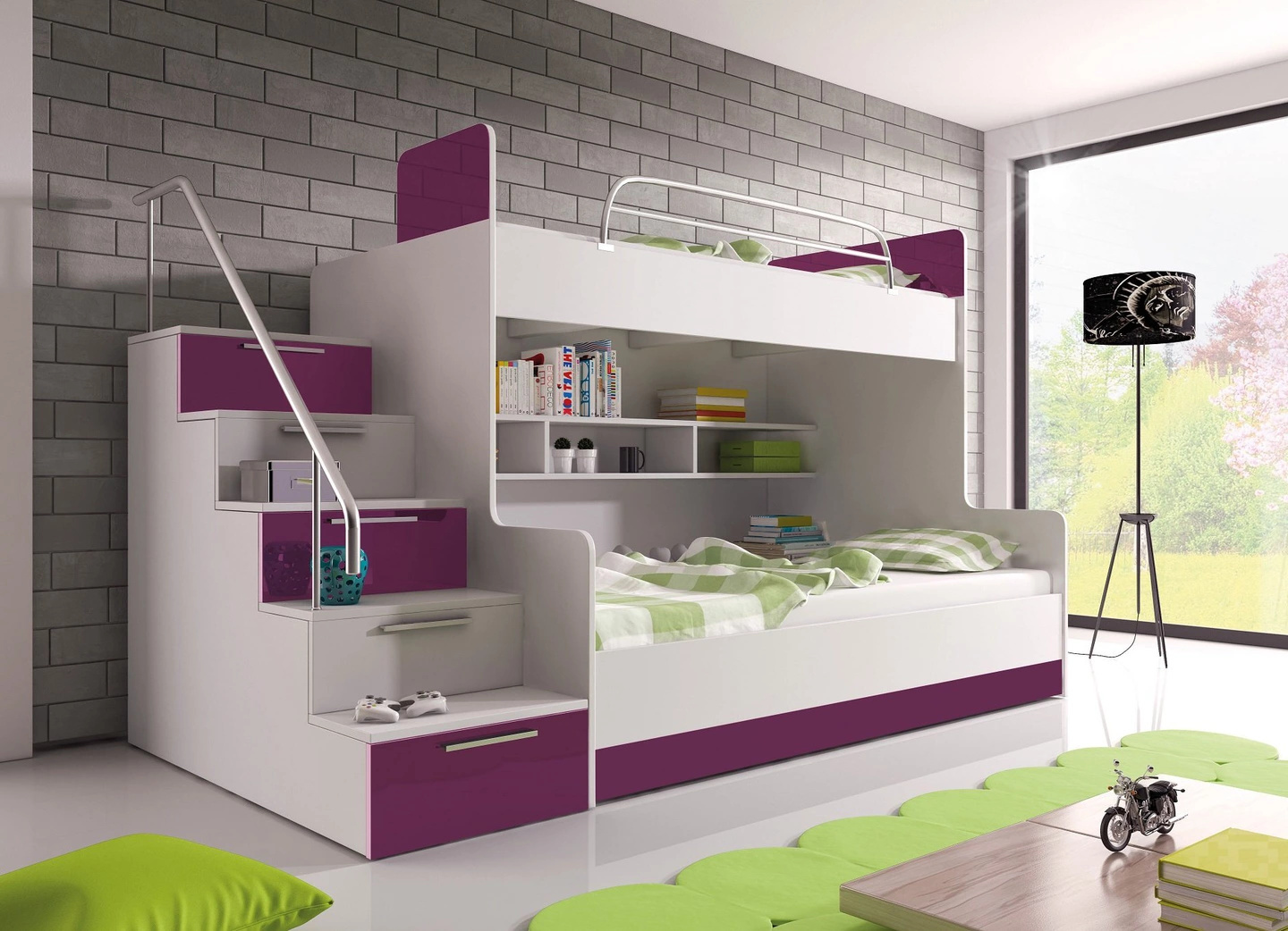 Etagenbett TOMI 2 , Doppelstockbett Hochglanz Kinderbett Hochbett , OHNE Matraze und Lattenrost (Weiss / Lila, Treppenseite: LINKS )