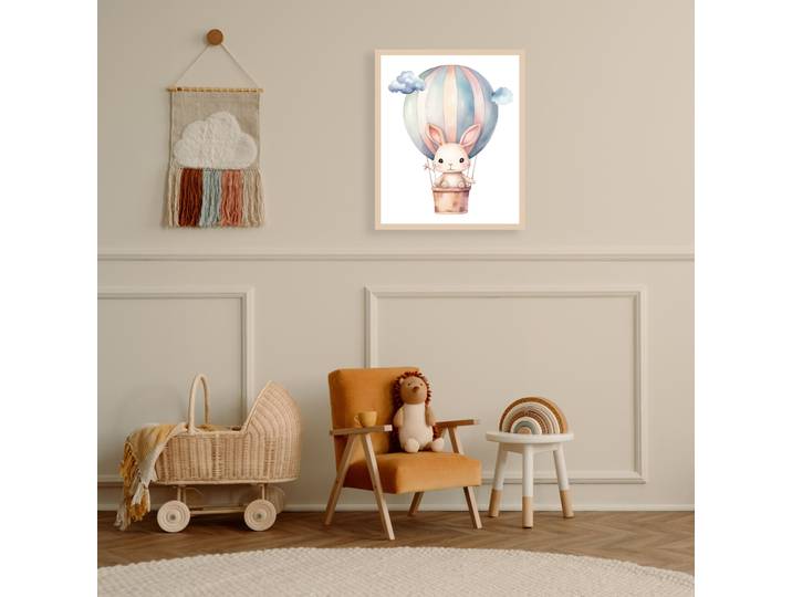 Bild mit Rahmen LÜTTENHÜTT oder Poster, Hase im Heissluftballon am Himmel , bunt (farbe rahmen: beige, farbe bild(er): bunt), B:50cm H:70cm T:0,7cm, Holz, Plexiglas, Bilder, Bild mit Rahmen, HD Premium Druck