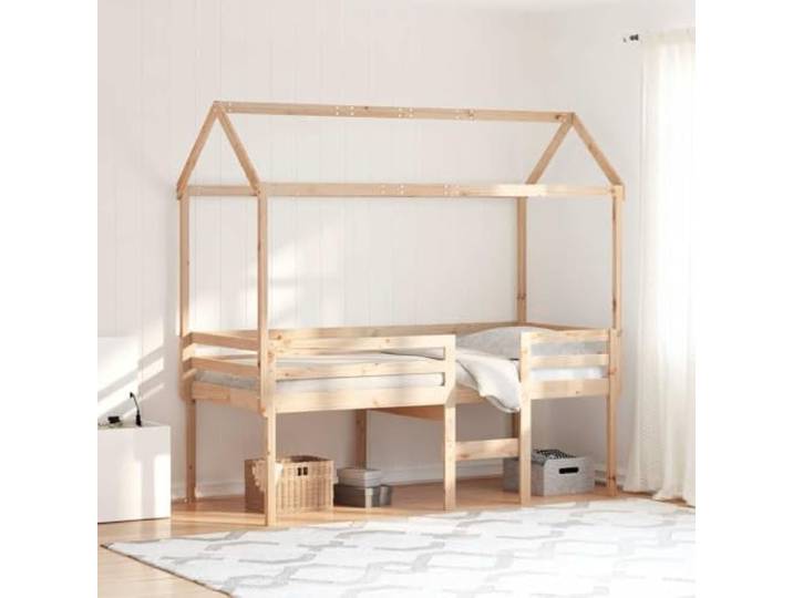 RJPLMFV Hochbett, Kiefer, massiv, 90 x 200 cm, ohne Matratze Integrierte Leiter, Sicherheitsbarrieren, Dach mit Seitentür, Latten, ideal für kleines Schlafzimmer