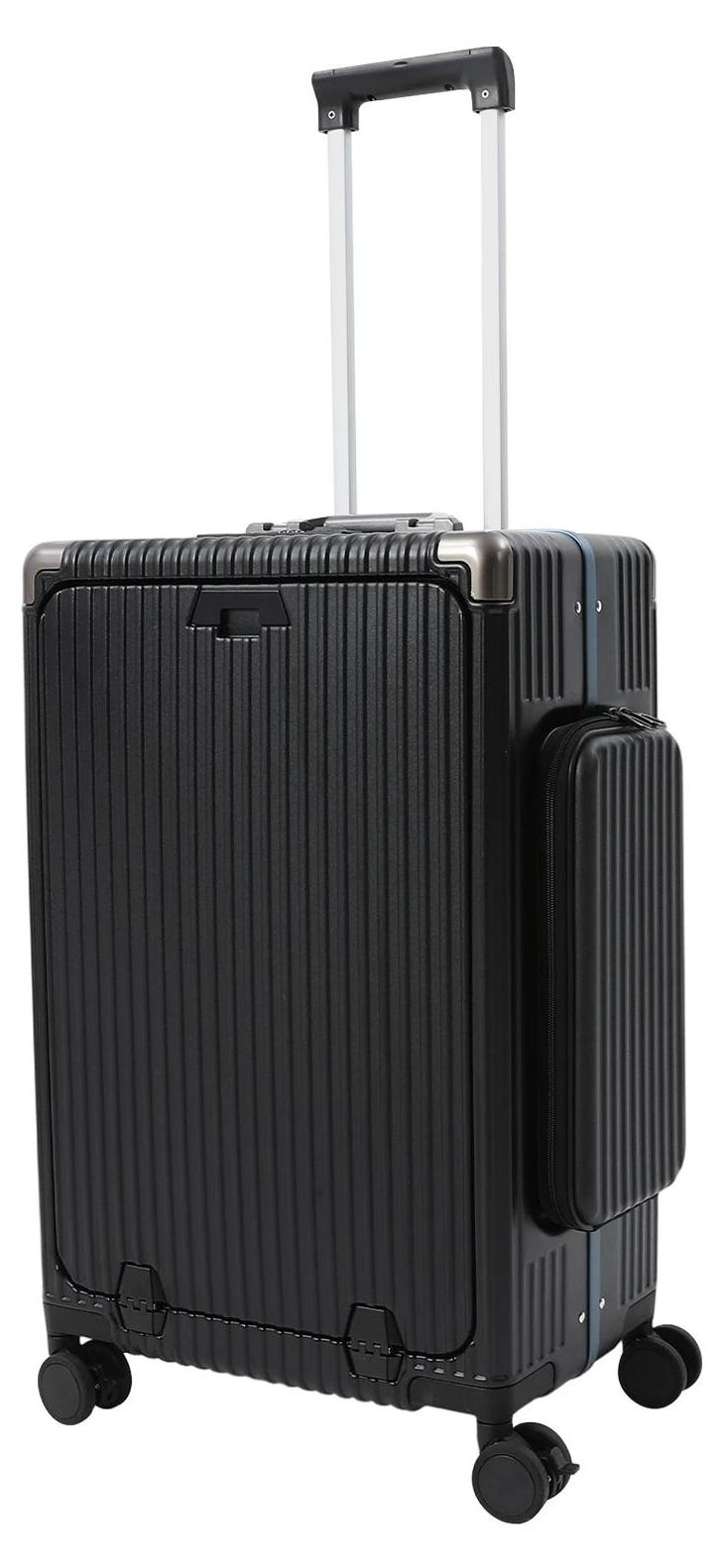 Reisekoffer - Hartschalen Trolley 60 cm PC - Aluminiumrahmen - 4 Rollen Spinner - Becherhalter - Dreiwege-Öffnung - Mit Schloss - Schwarz