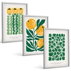 BILDER SET 3er Set - 40x60 cm Silberner Rahmen - Pflanzenmuster Blüten Blätter
