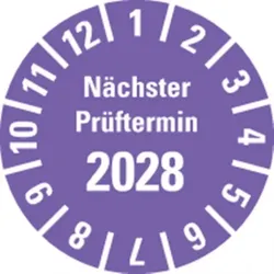 Dreifke® Prüfplakette Nächster Prüftermin 2028, violett, Polyesterfolie, Spez.Ø20mm, 36 Stk.