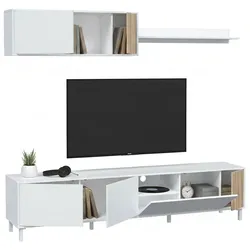 Dmora TV-Schrank Woonsocket, Wohnzimmerschrank mit Türen, Hängeschrank mit Regal, Mehrzweck-Sideboard, 200 x 40 x 47 cm, Weiß und Eiche
