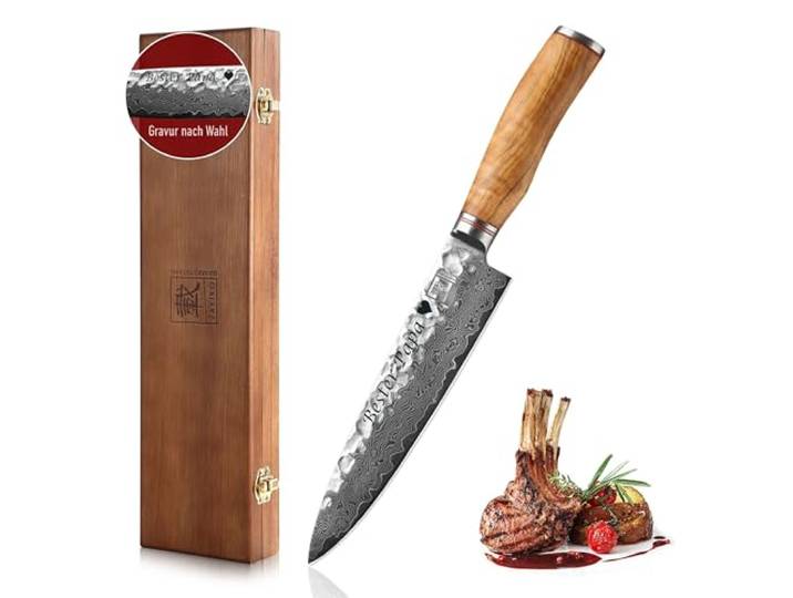zayiko Minami Damast Gyuto Chefmesser mit Gravur – Personalisiertes Kochmesser, 20 cm Klinge aus 67 Lagen Damaststahl (VG10-Kern), Hammerschlag, Olivenholzgriff – Chefmesser in Geschenkbox