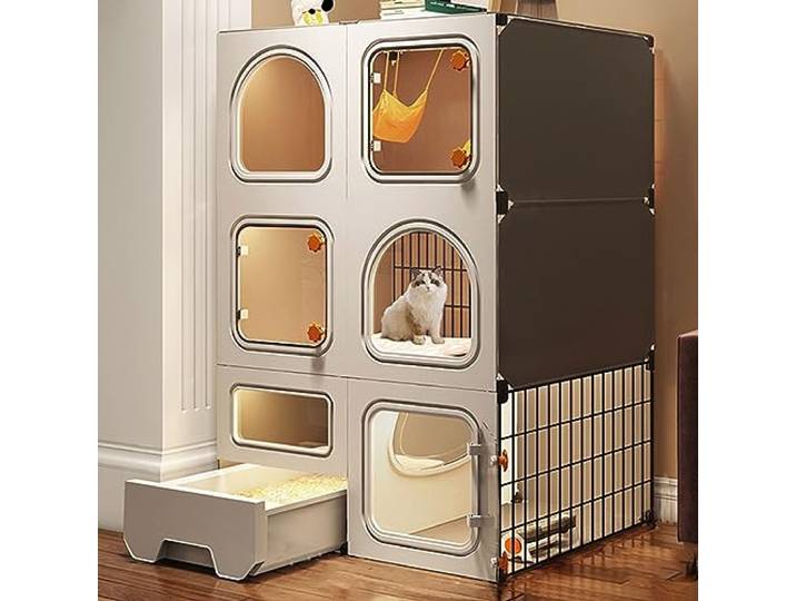 TXGJWRA Große Katzenhütten für Indoor-Katzen mit Katzentoilette, DIY Kleintier-Laufstall mit Tür, Kaninchen, Meerschweinchen, Welpen, Kätzchen, Laufstall, Innen- und Außenbereich, Hofzaun, 3 Schichten