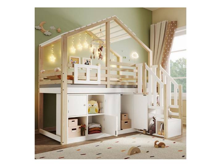 Odikalo Hochbett 90x200cm Hausform Schließfächer Stauraumleiter Fenster Weiß + Natur
