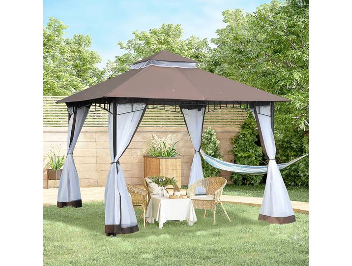 Outsunny Tonnelle 3x3m Double Toit Moustiquaires Choco/Blanc