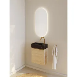 RIHO Spring Marble Tiny Wash-Set, Waschtisch mit Unterschrank, eine Tür, 1 Hahnloch links, 40x20x42cm, Marmor schwarz, F001577D05, Farbe: Nature Oak Holzdekor