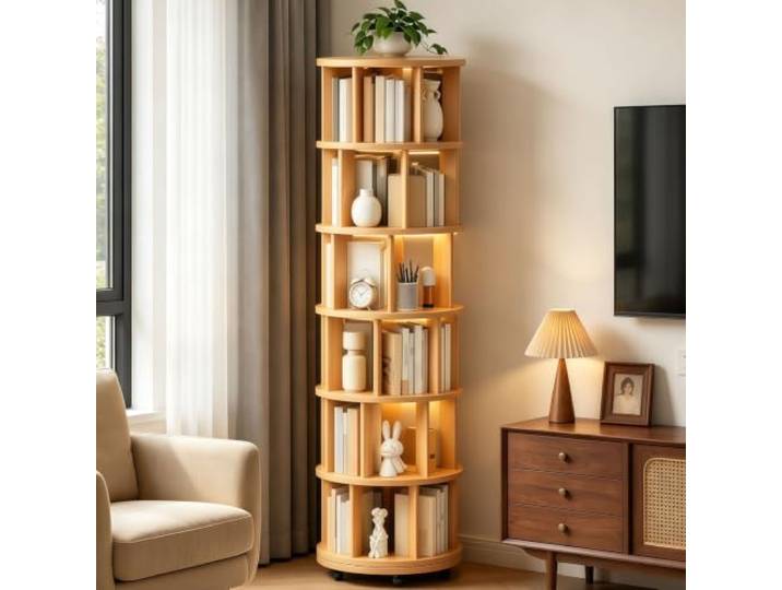 Drehbares Bücherregal 360° mit Rollen Holz Regal 6 Ebenen Platzsparend Standregal - Bücherregal feststellbaren Rollen Platzsparend für kleine Räume Wohnzimmer Büro Schlafzimmer Kinderzimmer