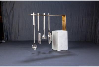 BIDK Home White Marble & Gold Hanging Bar Tools Set - Natural White Marble
