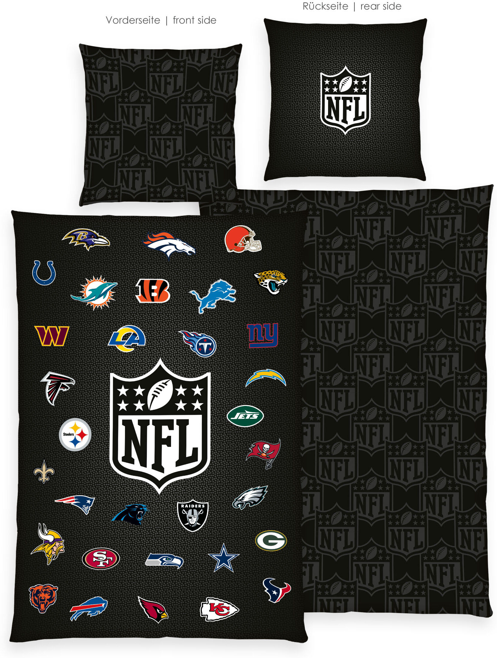 Bettwäsche NFL "NFL All Teams", bunt, B/L: 135cm x 200cm, 1 Stk., 1 Stk., Renforcé, B/L: 80cm x 80cm, 2 Stk., Renforcé, Obermaterial: 100% Baumwolle, Bettwäsche, Bettwäsche, Wendemotiv bunt B/L: 135cm x 200cm, 1 Stk., 1 Stk., Renforcé, B/L: 80cm x 80cm, 2