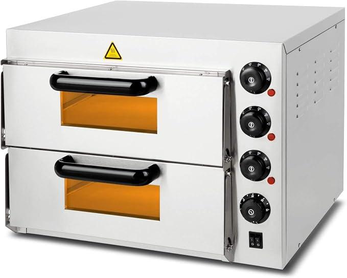 Gastro Pizzaofen mit Doppelkammer, feuerfestem Stein, 3000W, Timerfunktion und Beleuchtung, professioneller Steinofen mit Edelstahlgehäuse, bis 350°C doppelt