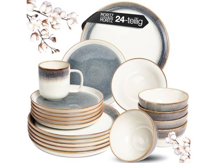 Moritz & Moritz Steingut Geschirrset 6 Personen - 24-tlg. - Robustes Steingut - Tarento - Teller Set aus Steingut - Geschirr Set aus 6x Dinnerteller, 6x Dessertteller, 6x Suppenteller und 6x Tassen