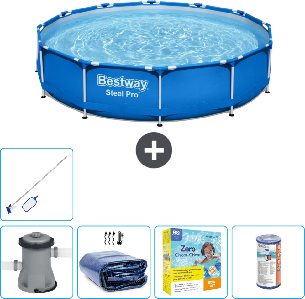 Bestway Round Steel Pro Swimmingpool - 366 x 76 cm - Blau - inklusive Pumpe Sonnensegel - Wartungspaket - Filter - Reinigungskit