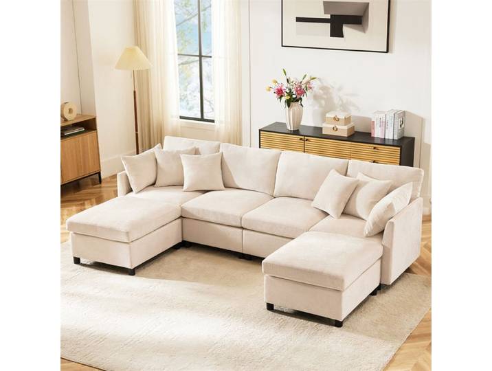 DRIPEX Canapé en U moderne en tissu chenille avec 2 repose-pieds amovible Canapé modulaire en 5/6 places en forme de U Beige