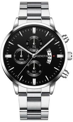 Uplift Picks Mens Luxury Watch Stainless Steel Wrist Watch Quartz Business Calendar Silver silver Black