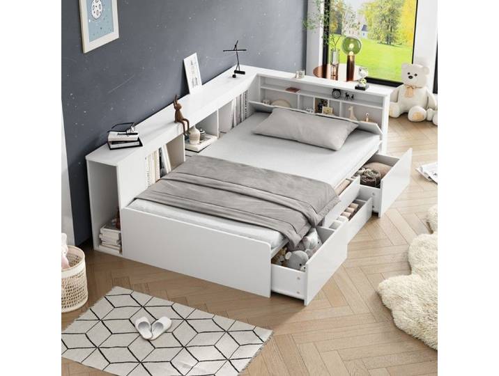 Lit d'enfant 90*200cm lit simple lit d'enfant multifonctionnel avec tiroirs bibliothèque et armoire de rangement sommier avec